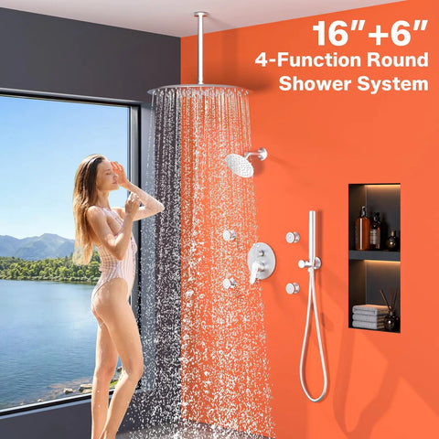 Enga Dual Head Shower System with 4 Body Jets, 16" + 6" Round Shower Head with 2 in 1 Handheld Combo in use, modern bathroom.