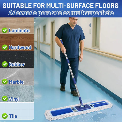 Man using 36 Inch Commercial Dust Mop For Quick Dry Dust Cleanup On Hardwood Floors With 59 Inch Extended Handle Heavy Duty Frame