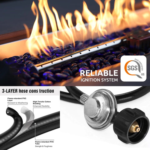 Close-up of flame and stainless steel burner from 54 Inch Propane Fire Pit Table With Rain Cover For Outdoor Patio Backyard Or Deck 50 000 BTU Gas Heater Rectangular Modern Wood Look Fire Pit Durable Stainless Steel Burner Bowl Effortless Setup And Use showcasing ignition system and hose construction.