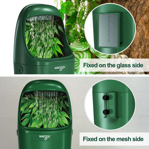 Automatic Reptile Water Dripper Keeps Your Herp Squad Properly Quenched With A Smooth Chameleon Drinking Fountain and steady drip system fixed on glass and mesh sides.
