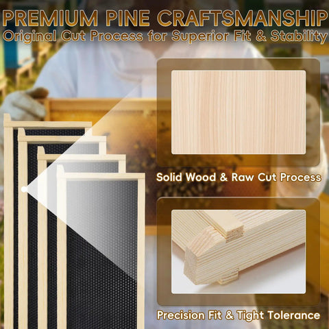 Bulk 20 Pack Black Beehive Medium Frames Unassembled, showing pine craftsmanship and beeswax coated foundations