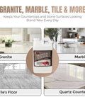 64 Oz Impregnating Stone Sealer All In One With Stain Guard For Granite Marble Quartzite Tile And Grout Protects Against Oil Water Wine Grease Without Altering Natural Look Indoor And Outdoor Use Coverage Up To 2000 Sq Ft shown with granite, marble, tile, and quartz surfaces.