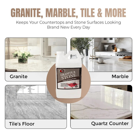 64 Oz Impregnating Stone Sealer All In One With Stain Guard For Granite Marble Quartzite Tile And Grout Protects Against Oil Water Wine Grease Without Altering Natural Look Indoor And Outdoor Use Coverage Up To 2000 Sq Ft shown with granite, marble, tile, and quartz surfaces.