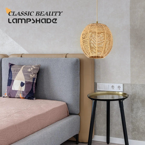 Bedroom with Three Pack Rattan Lamp Shades Vintage Boho Hanging Light Covers For Pendant Lamps And Ceiling Fans
