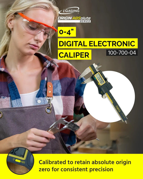 Person using Absolute Origin 0 To 4 Inch Digital Caliper For Quick No Brainer Precision In Inch And Metric Readings, IP54 Stainless Steel, USB SPC Output, Built-In Zero Retention, Case And Manual Included for measuring