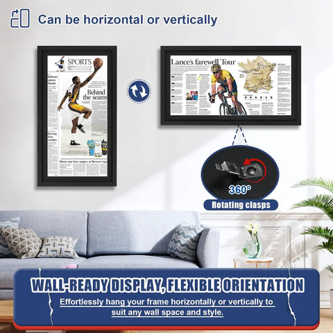 Newspaper Display Frame Set Premium Wood With Clear Acrylic Panel Fits 11 By 22 Up To 13 By 24 Newspapers Wall Mount Black 3 Pack on wall.