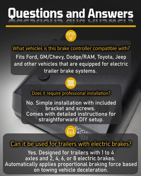 8508211 Proportional Brake Controller Kit product infographic showing a black brake controller with Q&A bubbles.