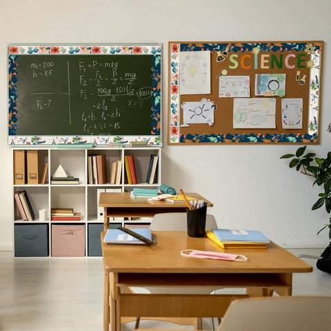 Classroom with Travel World Map Bulletin Board Borders 70.8Ft Set Of 72 Pieces, scalloped and straight trim on blackboard and corkboard.