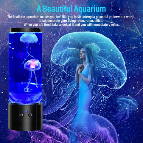 Jellyfish Lamp Liquid Table Lamp With Remote Control Color Changing Night Light For Aquarium Tanks Kid And Adult Friendly Decor Awesome Gift For Christmas And Birthdays glowing with blue jellyfish illustration