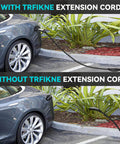 Comparative image of Tesla with and without 21 Foot High Power EV Extension Cord 50A 12KW With NACS Plug For Model 3 Y S X Cybertruck.