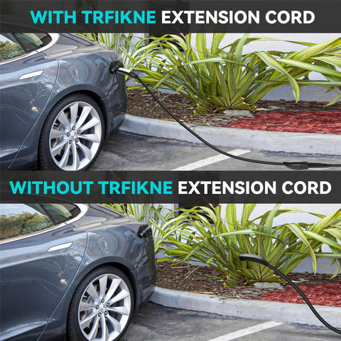 Comparative image of Tesla with and without 21 Foot High Power EV Extension Cord 50A 12KW With NACS Plug For Model 3 Y S X Cybertruck.
