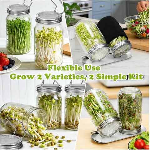 Two In One Sprouting Jar Lid for Wide Mouth Mason Jars Reusable Stainless Steel Screen Sprout Kit for Alfalfa Broccoli Mung Bean and Other Bean Sprouts Germination Accessory Fits 3.74 Inch Jars 2 Pack