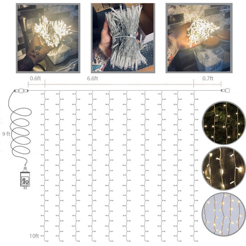 Diagram and photos of 300 LED Curtain String Lights With 8 Modes For Weddings And Parties Warm White Fairy Twinkle For Window Decor