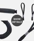 Close-up details of Shock Absorbing Bungee Dock Line For Boats, 4 Ft Black, 4 Pack; shows loop, slider ends, and built-in snubber.