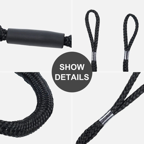 Close-up details of Shock Absorbing Bungee Dock Line For Boats, 4 Ft Black, 4 Pack; shows loop, slider ends, and built-in snubber.