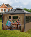 10x12 Gazebo Curtains With Mosquito Mesh Window Four Panels Side Wall Zipper 2 In 1 Privacy under khaki curtain on patio
