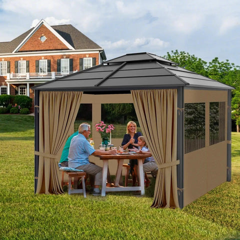 10x12 Gazebo Curtains With Mosquito Mesh Window Four Panels Side Wall Zipper 2 In 1 Privacy under khaki curtain on patio