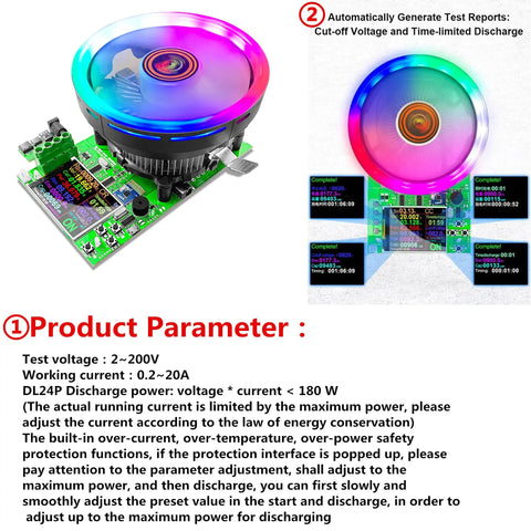 180W Electronic Load Tester With 2.4 Inch DC Tester And APP Control displayed with colorful LED and interface screens.