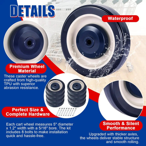 8 Pack 5 Inch TPU Silent Shopping Cart Wheels Kit With Dual Ball Bearings For Grocery Carts Blue Replacement Casters display