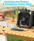 Solar Powered Camping Fan With 10000mAh Battery USB Rechargeable Portable on table charging phone