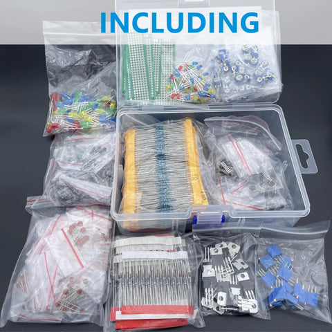 Epic 1818 Piece Dope DIY Electronics Component Kit With Resistors Capacitors LEDs Diodes Transistors Zener And Rectifier Diodes PCBs Potentiometers neatly organized in storage bags