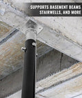 Two Pack Adjustable Floor Jacks For Leveling, telescoping steel jack installed under concrete ceiling, visible safety lock pins