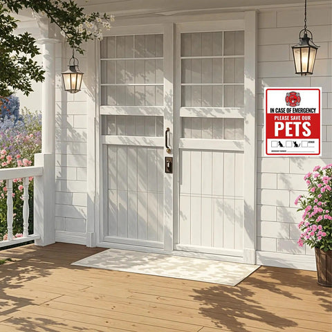 White double door with Pet Safety Alert Fire Rescue Stickers 20 Pack Four By Four Point Seven Inch Emergency Vinyl Door Window Signs.