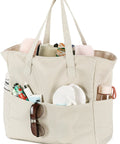 Large 36L Waterproof Beach Tote Bag For Women With Zipper Wet Pocket Sandproof Lightweight Foldable Carryall For Beach Vacation Gym Grocery Khaki White Stripes filled with items