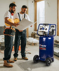 Heavy Duty 20 Gallon Ultra Quiet Air Compressor 1.8 HP Oil Free Pump Peak 150 PSI 5.5 CFM At 40 PSI on a job site with workers