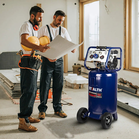 Heavy Duty 20 Gallon Ultra Quiet Air Compressor 1.8 HP Oil Free Pump Peak 150 PSI 5.5 CFM At 40 PSI on a job site with workers