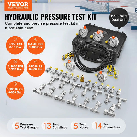 Hydraulic Pressure Test Kit With Five Gauges Thirteen Test Couplings Fourteen Tee Connectors Five Test Hoses And Tough Carrying Case
