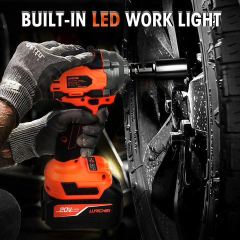 Close-up of Heavy Hitter One Half Inch Cordless Impact Wrench with built-in LED light adjusting a lug nut.