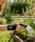 Woman wearing wrist support brace for sports and training neoprene wrist wraps with thumb loops while gardening outdoors.