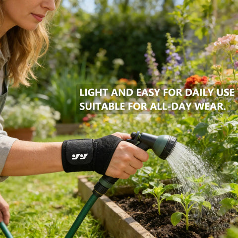 Woman wearing wrist support brace for sports and training neoprene wrist wraps with thumb loops while gardening outdoors.