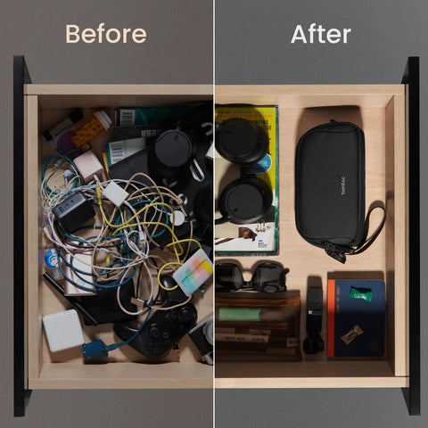 Before and after image of a drawer organized with the Water Resistant Dual Compartment Tech Pouch For Cables And Gadgets Grab And Go Cable Organizer Bag For Chargers Cords Phones Hard Drives Power Banks And Travel Essentials.