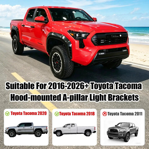 Red Toyota Tacoma on beach road with Upgrade Hood Hinge Ditch Light Mount Brackets For Toyota Tacoma 2016 To 2021 3rd Gen compatibility chart.
