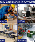 First aid cabinet collage showing worksite, office, school, and factory settings for safety compliance.