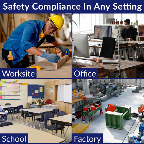 First aid cabinet collage showing worksite, office, school, and factory settings for safety compliance.