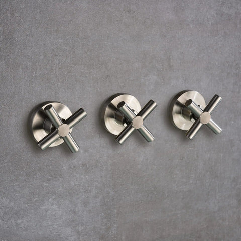 Three Handle Wall Mount Tub Faucet With Sprayer For High Flow Waterfall Bathtub Faucet Experience In Brushed Nickel Dope Solid Brass Construction Easy Install Modern Bathroom Upgrade, showing three brushed nickel handles on wall