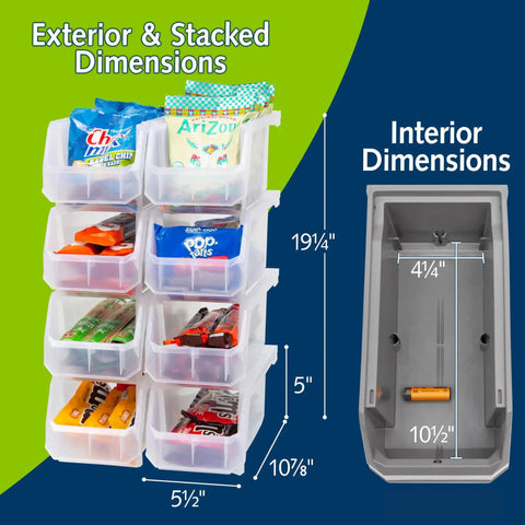 Medium Plastic Storage Bins, Stackable Clear Organizer Containers for Closet, Pantry, Shelves, Garage and Office, Open Front Design for Easy Access, Grab And Go 8 Pack shown stacked with snacks