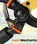 Close-up of lock mechanism on 8.5 Inch Pruning Shears With Titanium Coated Japanese SK5 Steel Blade For Heavy Duty Garden Pruning Bypass Pruners With Ergonomic Handles That Cut Thick Branches Cleanly And Last Longer