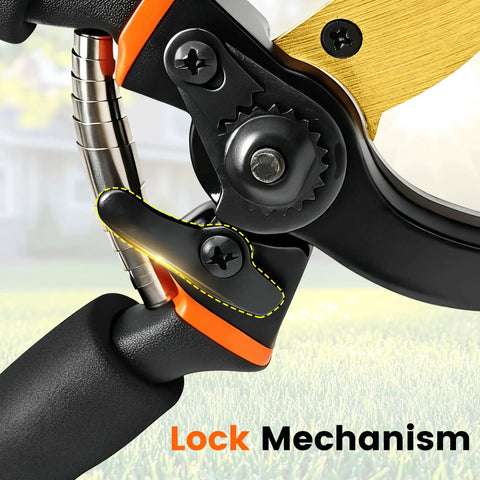 Close-up of lock mechanism on 8.5 Inch Pruning Shears With Titanium Coated Japanese SK5 Steel Blade For Heavy Duty Garden Pruning Bypass Pruners With Ergonomic Handles That Cut Thick Branches Cleanly And Last Longer