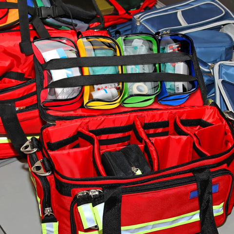 Four Piece Color Coded First Aid Pouches Set With Transparent Window For Easy Visibility Zippered Medical Supply Bags In Red Yellow Blue Green On The Go Travel Organizer