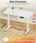 Electric Standing Desk With Adjustable Height And Memory Presets Heavy Duty Steel Base Rolling Casters For Office Gaming Home Setup 48X24 Inches White dimensions and adjustable height details