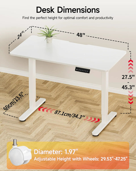 Electric Standing Desk With Adjustable Height And Memory Presets Heavy Duty Steel Base Rolling Casters For Office Gaming Home Setup 48X24 Inches White dimensions and adjustable height details