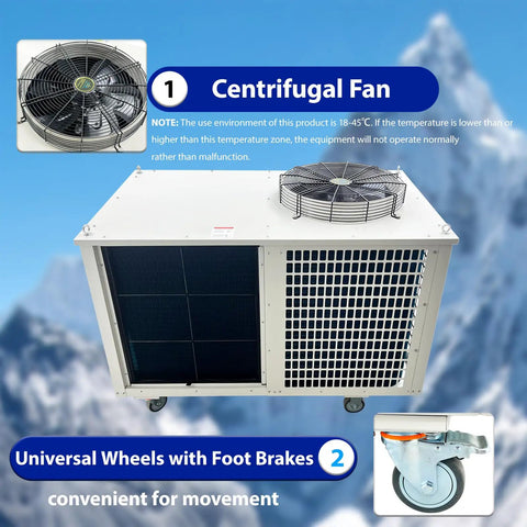 Rock Solid Industrial Air Conditioner Portable Commercial Spot Cooler 220V 61000 Btu 7200W showing centrifugal fan and wheels for mobility.