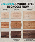 Front view of three wood cutting boards in maple, cherry, walnut finishes, in three sizes, with engraved circular logo.