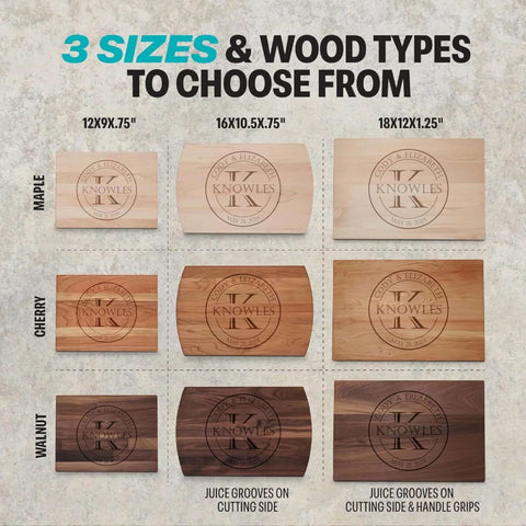 Front view of three wood cutting boards in maple, cherry, walnut finishes, in three sizes, with engraved circular logo.