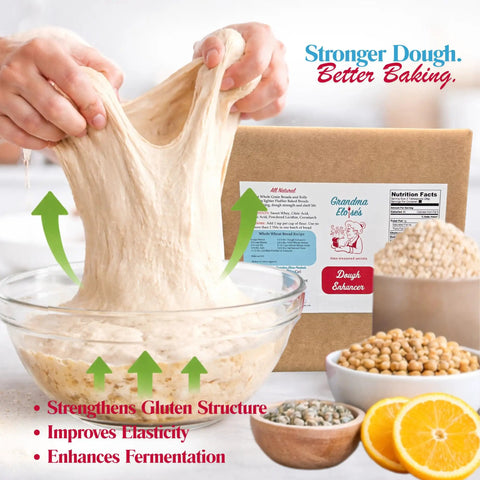 Hands stretching dough in bowl, dough conditioner for bread baking 25 lb pack in background, enhances rise and texture.
