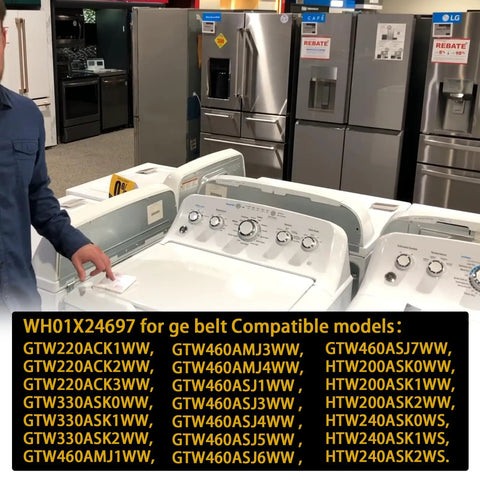 Heavy Duty Washing Machine Drive Belt WH01X24697 displayed next to compatible GE washer models in a retail space.